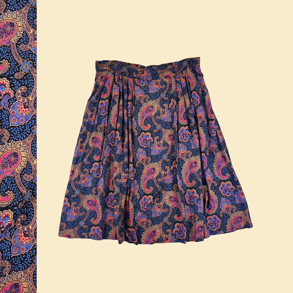 70s/80s paisley skirt, size 24 vintage JP Collection blue & orange rayon skirt